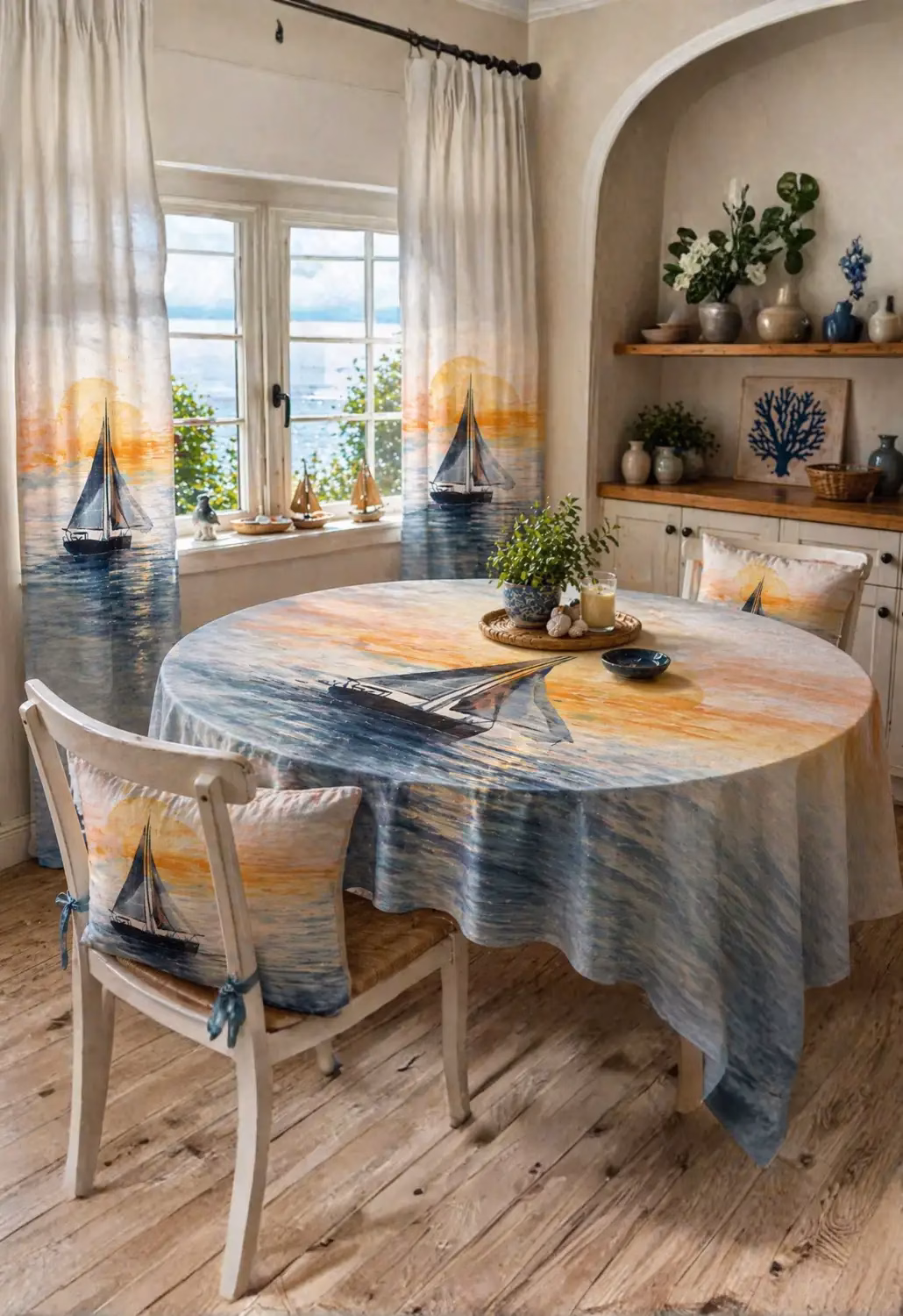 Sunset Sail Yelkenli Desenli Oval Masa Örtüsü – Dijital Baskılı Özel Üretim