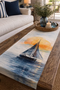 Denizin dinginliği, gün batımının sıcak tonları ve yelkenlinin zamansız silueti… Marin Yelkenli Desenli Runner 40x140 cm, yaşam alanlarına huzur, zarafet ve sahil evi esintisi taşımak için tasarlandı. Suluboya etkili yumuşak renk geçişleriyle hazırlanan bu özel tasarım, gün batımında süzülen bir yelkenlinin sakinliğini dekorasyona dönüştürür. Özellikle sehpa, masa, konsol ve dekoratif yüzeylerde kullanıldığında bulunduğu ortama hem sıcak hem de rafine bir görünüm kazandırır. Marin stilini abartısız ama karakterli şekilde yansıtan bu ürün, yazlık evlerden modern salonlara kadar birçok farklı dekorasyon tarzına uyum sağlar. Ürün 40x140 cm ölçüsündedir ve günlük kullanım kadar özel sunumlar için de ideal bir boyuta sahiptir. Dijital baskı tekniği sayesinde desenler estetik, canlı ve dikkat çekici görünür. Kumaş yapısı ise yalnızca şık değil, aynı zamanda kullanım kolaylığı sağlayacak şekilde seçilmiştir. Öne çıkan özellikler Süet dokulu kumaş yapısıyla yumuşak ve premium bir görünüm sunar Leke tutmaz özelliği sayesinde günlük kullanımda pratiklik sağlar Kolay ütülenir Uzun ömürlü kullanım sunar Dekoratif ve işlevsel yapıyı bir arada sunar Bu ürün yalnızca tek başına değil, aynı zamanda bir koleksiyon parçası olarak da değerlendirilebilir. Aynı desenle hazırlanabilecek: kırlent perde önlük masa örtüsü ile birlikte kullanılarak evinizde bütünlüklü ve etkileyici bir marin dekorasyon oluşturabilirsiniz. Ayrıca ürün sipariş üzerine üretilmektedir. Böylece her sipariş özenle hazırlanır ve ürününüz 5 gün içerisinde kargoya verilir. Evinize deniz esintili, sakin ve zarif bir dokunuş katmak istiyorsanız, Marin Yelkenli Desenli Runner 40x140 cm şık görünümü ve kullanışlı yapısıyla çok özel bir seçim olacaktır.