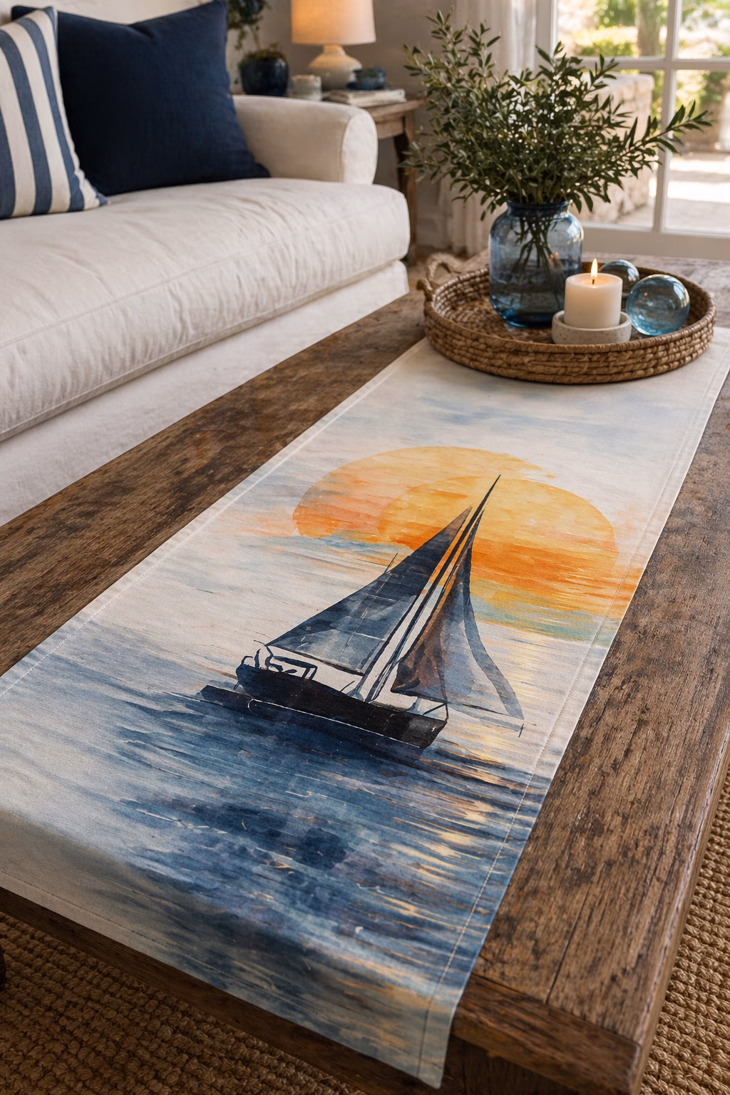 Denizin dinginliği, gün batımının sıcak tonları ve yelkenlinin zamansız silueti… Marin Yelkenli Desenli Runner 40x140 cm, yaşam alanlarına huzur, zarafet ve sahil evi esintisi taşımak için tasarlandı. Suluboya etkili yumuşak renk geçişleriyle hazırlanan bu özel tasarım, gün batımında süzülen bir yelkenlinin sakinliğini dekorasyona dönüştürür. Özellikle sehpa, masa, konsol ve dekoratif yüzeylerde kullanıldığında bulunduğu ortama hem sıcak hem de rafine bir görünüm kazandırır. Marin stilini abartısız ama karakterli şekilde yansıtan bu ürün, yazlık evlerden modern salonlara kadar birçok farklı dekorasyon tarzına uyum sağlar. Ürün 40x140 cm ölçüsündedir ve günlük kullanım kadar özel sunumlar için de ideal bir boyuta sahiptir. Dijital baskı tekniği sayesinde desenler estetik, canlı ve dikkat çekici görünür. Kumaş yapısı ise yalnızca şık değil, aynı zamanda kullanım kolaylığı sağlayacak şekilde seçilmiştir. Öne çıkan özellikler Süet dokulu kumaş yapısıyla yumuşak ve premium bir görünüm sunar Leke tutmaz özelliği sayesinde günlük kullanımda pratiklik sağlar Kolay ütülenir Uzun ömürlü kullanım sunar Dekoratif ve işlevsel yapıyı bir arada sunar Bu ürün yalnızca tek başına değil, aynı zamanda bir koleksiyon parçası olarak da değerlendirilebilir. Aynı desenle hazırlanabilecek: kırlent perde önlük masa örtüsü ile birlikte kullanılarak evinizde bütünlüklü ve etkileyici bir marin dekorasyon oluşturabilirsiniz. Ayrıca ürün sipariş üzerine üretilmektedir. Böylece her sipariş özenle hazırlanır ve ürününüz 5 gün içerisinde kargoya verilir. Evinize deniz esintili, sakin ve zarif bir dokunuş katmak istiyorsanız, Marin Yelkenli Desenli Runner 40x140 cm şık görünümü ve kullanışlı yapısıyla çok özel bir seçim olacaktır.