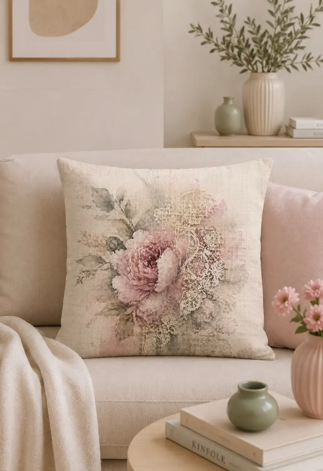 Dantel Şakayık Desenli Kırlent Kılıfı | Romantik Çiçekli Dekoratif Yastık