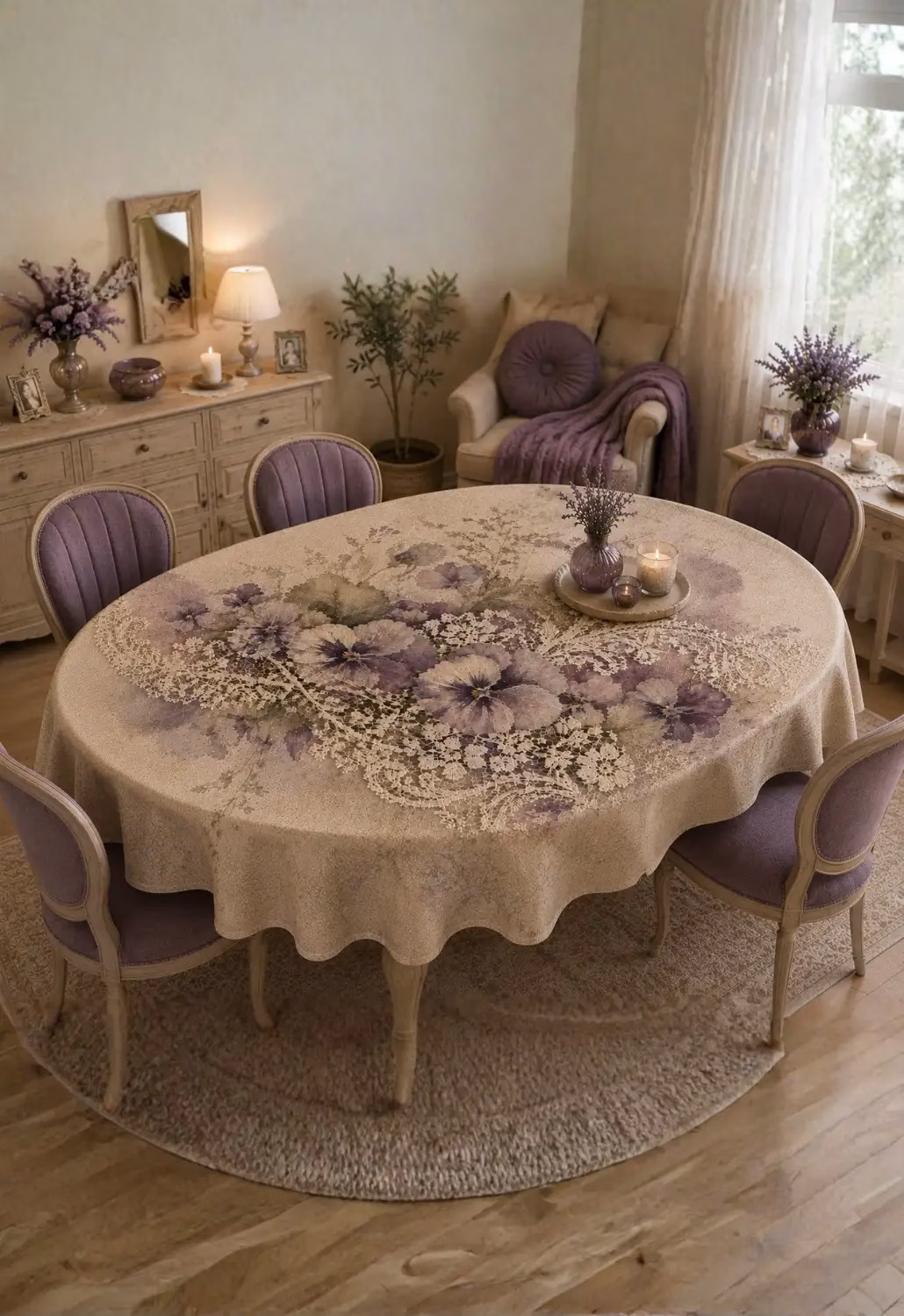 Menekşe Dantel Desenli Oval Masa Örtüsü – Vintage Çiçek Desenli Özel Tasarım Örtü