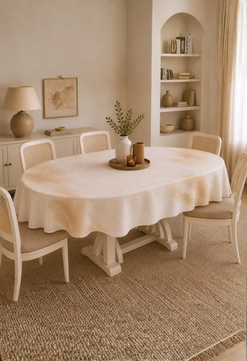 Kahve Tonlu Keten Efektli Modern Oval Masa Örtüsü