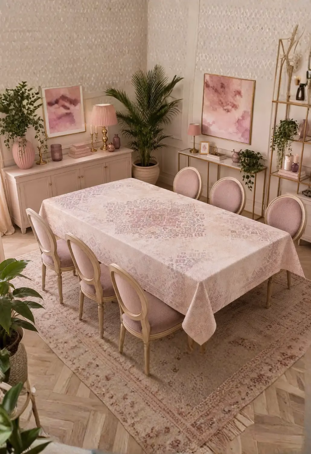 Pembe Etnik Desenli Dikdörtgen Masa Örtüsü – Özel Tararım Masa Örtüsü