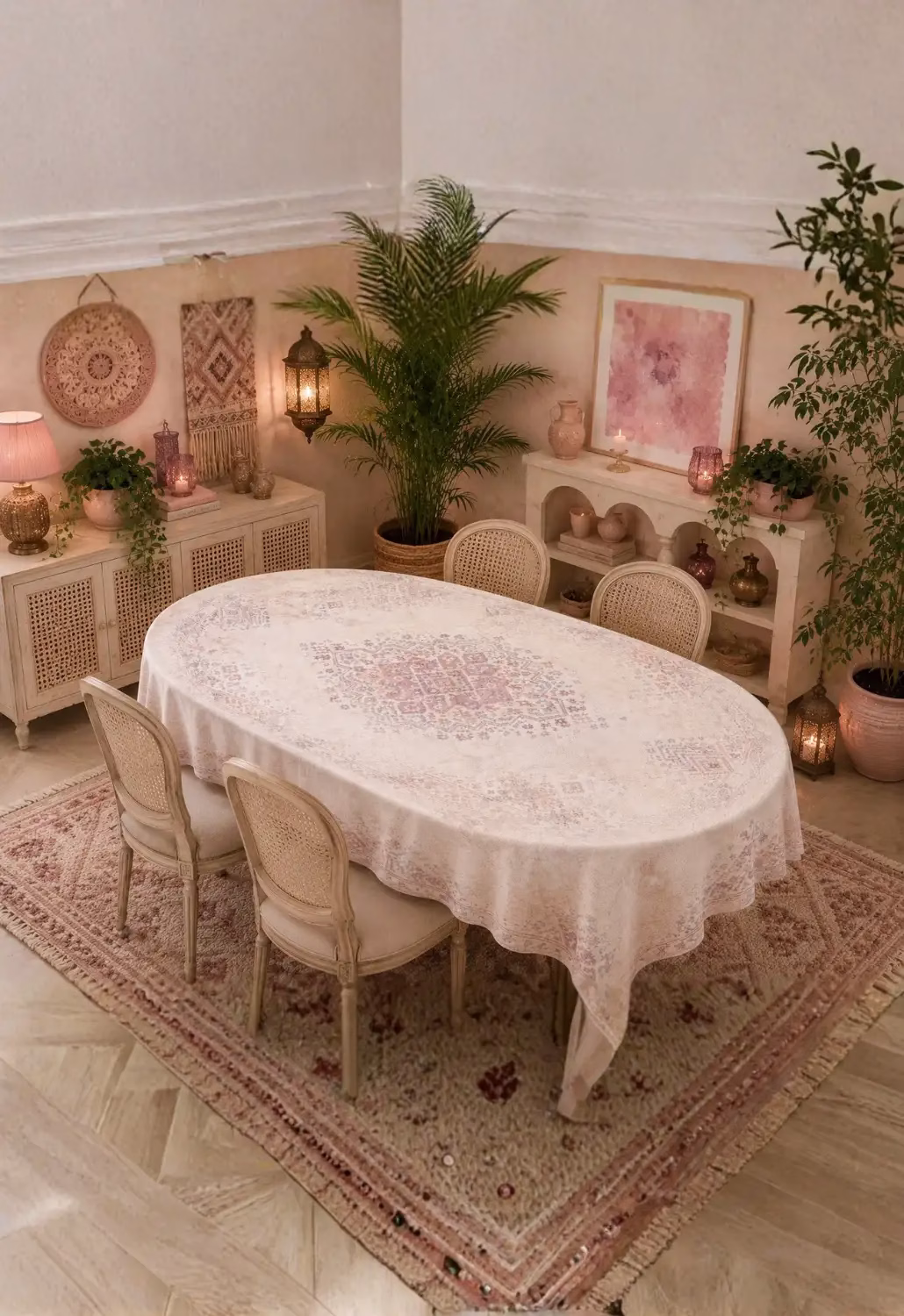 Pembe Etnik Desenli Oval Masa Örtüsü – Eskitme Dokulu Özel Tasarım Örtü