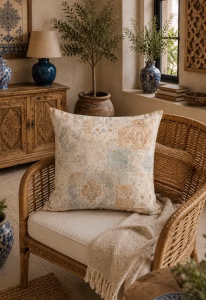 Etnik Patchwork Kırlent Kılıfı | Tarçın ve Mavi Desenli Dekoratif Kırlent
