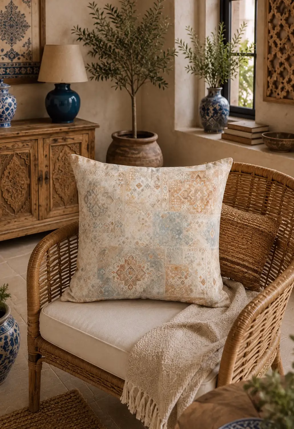 Etnik Patchwork Kırlent Kılıfı | Tarçın ve Mavi Desenli Dekoratif Kırlent