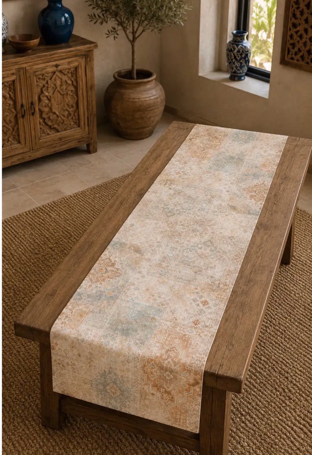 Etnik Patchwork Runner | Tarçın ve Mavi Desenli Runner
