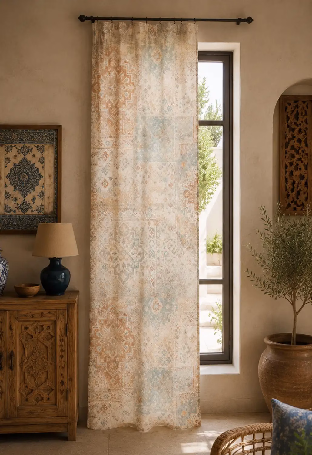 Etnik Patchwork Tek Kanat Perde | Tarçın ve Mavi Desenli Perde