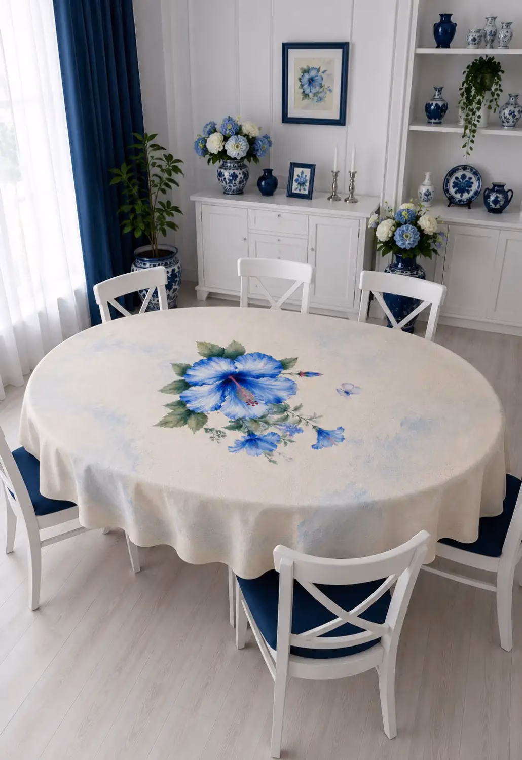 Mavi Hibiskus Oval Masa Örtüsü | Çiçek Desenli Masa Örtüsü