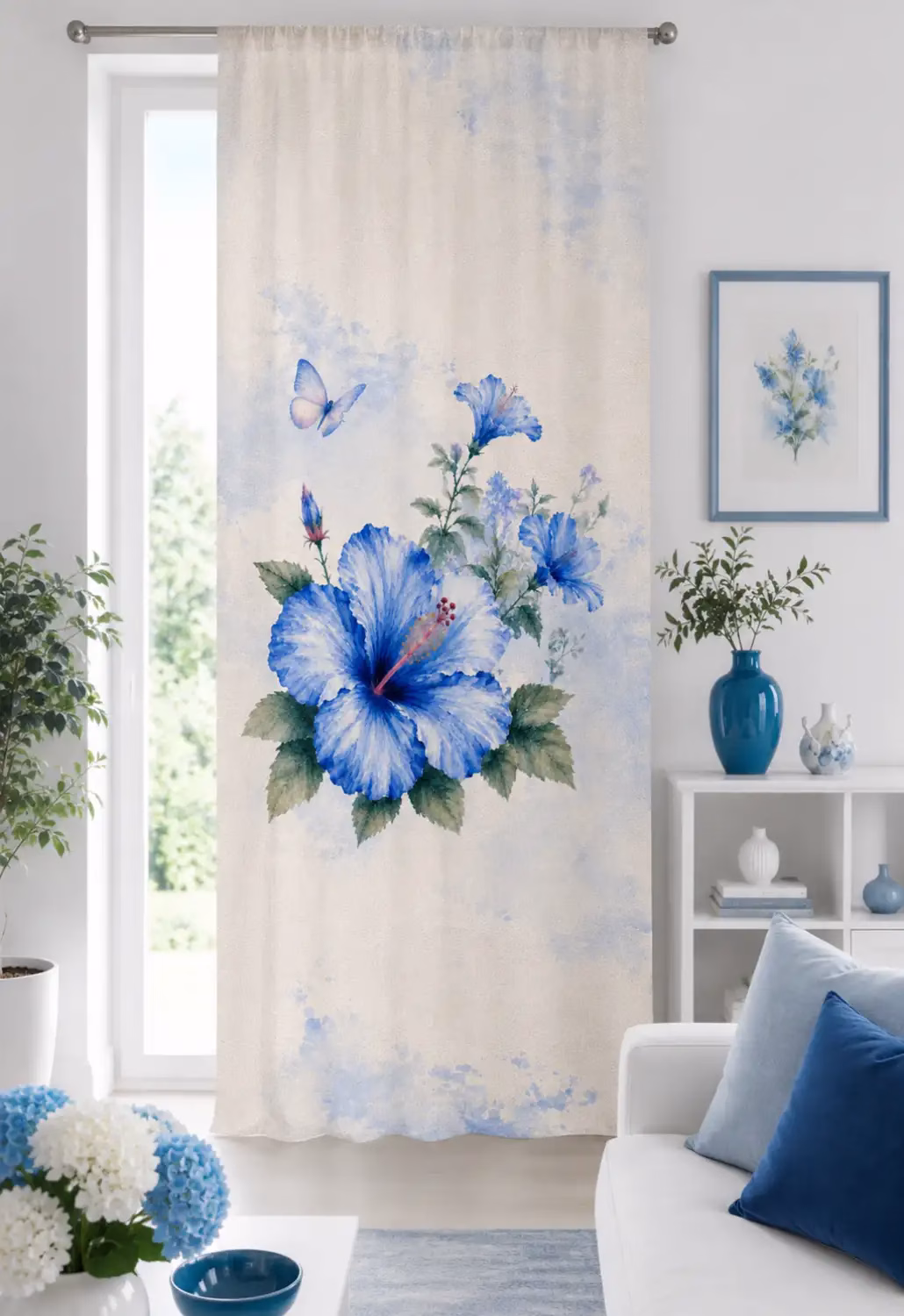 Mavi Hibiskus Tek Kanat Perde | Çiçek Desenli Perde