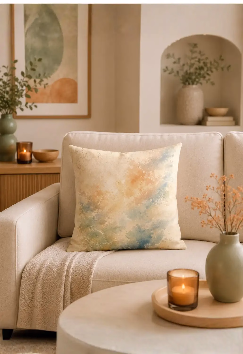 Pastel Yeşil Mavi ve Turuncu Tonlu Traverten Efektli Modern Kırlent