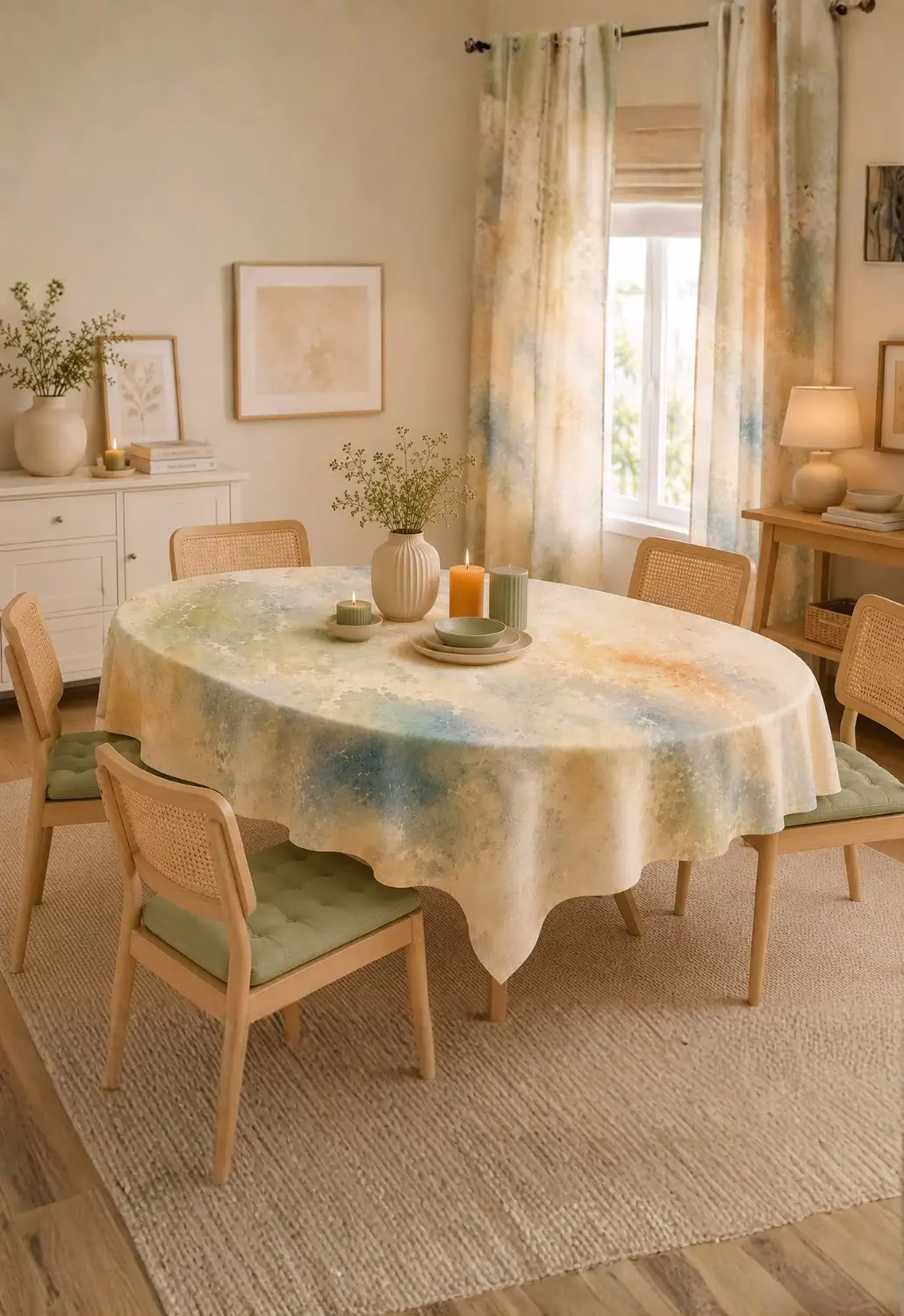 Pastel Yeşil Mavi ve Turuncu Tonlu Traverten Efektli Oval Masa Örtüsü