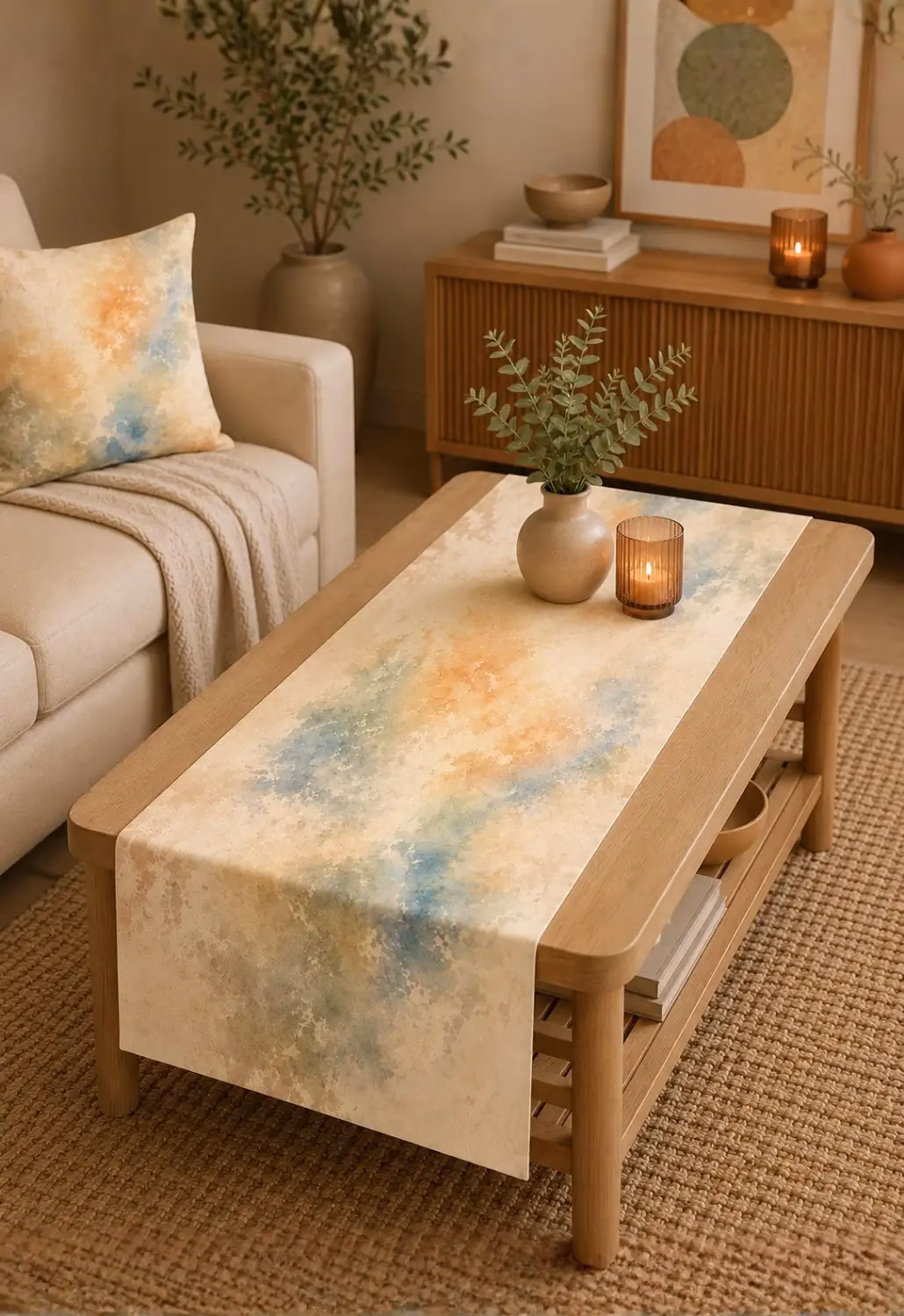 Pastel Yeşil Mavi ve Turuncu Tonlu Traverten Efektli Modern Runner
