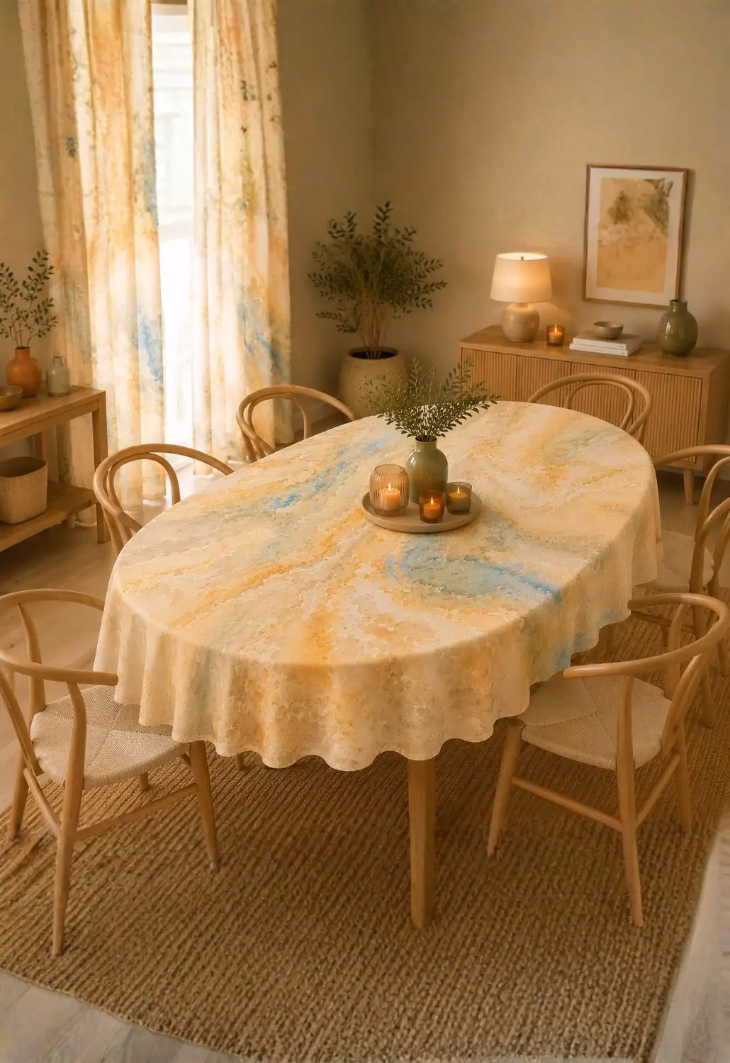 Pastel Yeşil Mavi ve Turuncu Tonlu Traverten Efektli Oval Masa Örtüsü