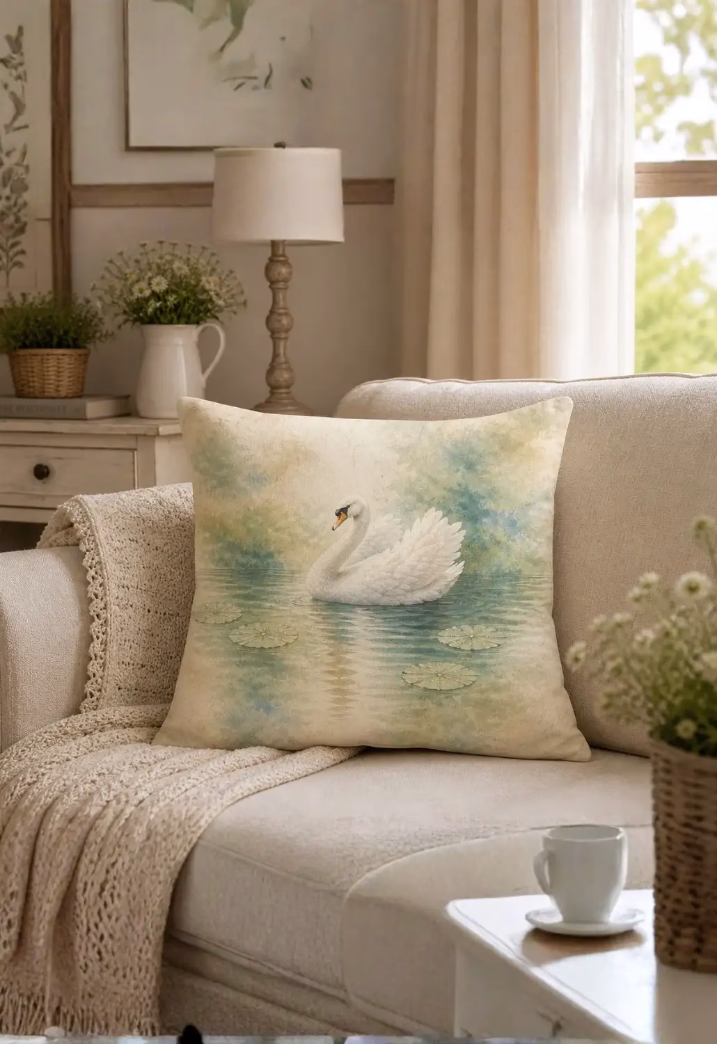 Kuğu Desenli Kırlent Kılıfı |  43x43 cm Dekoratif Kırlent Kılıfı