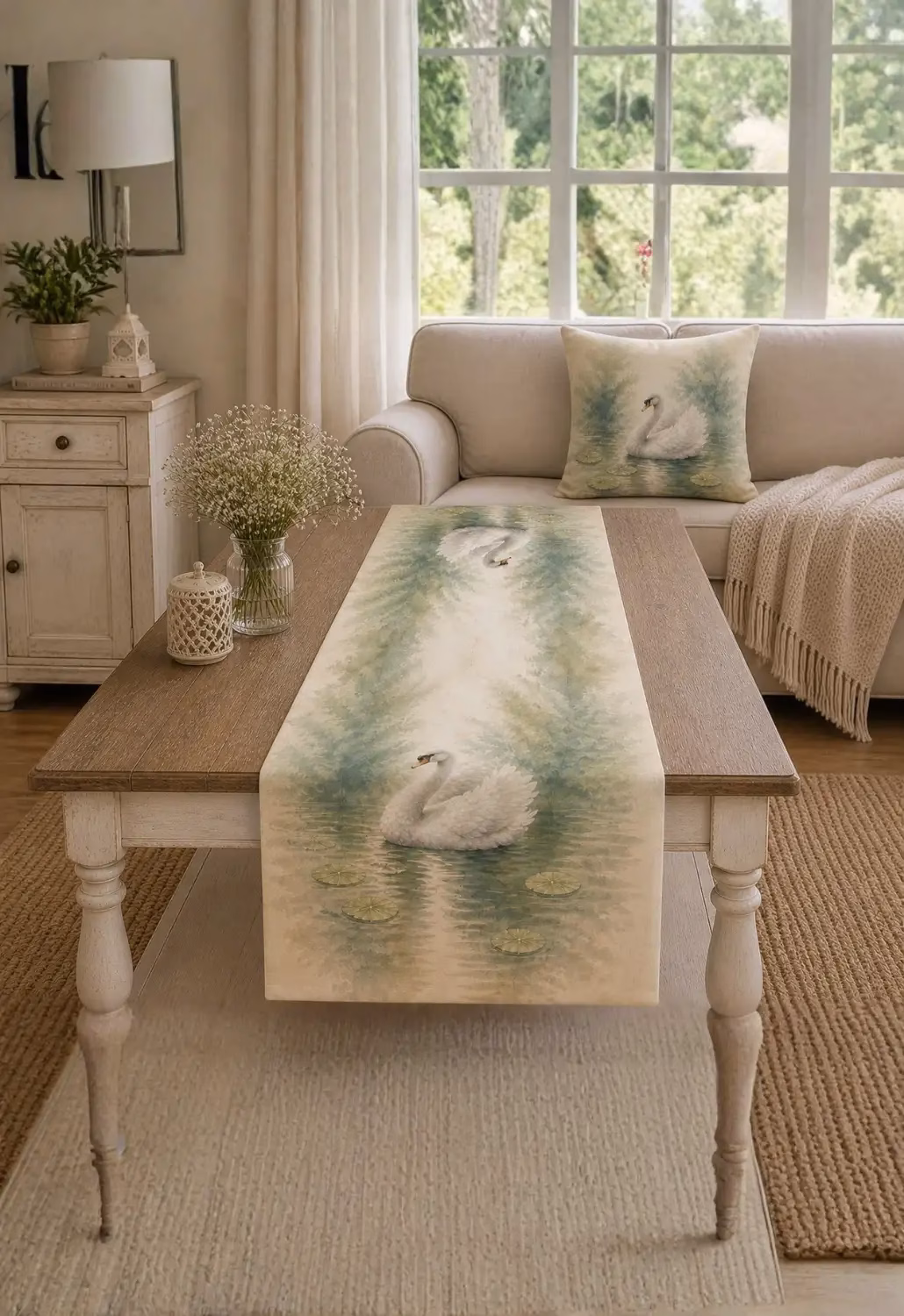 Kuğu Desenli Runner 40x140 cm | Suluboya Efektli Özel Tasarım Runner