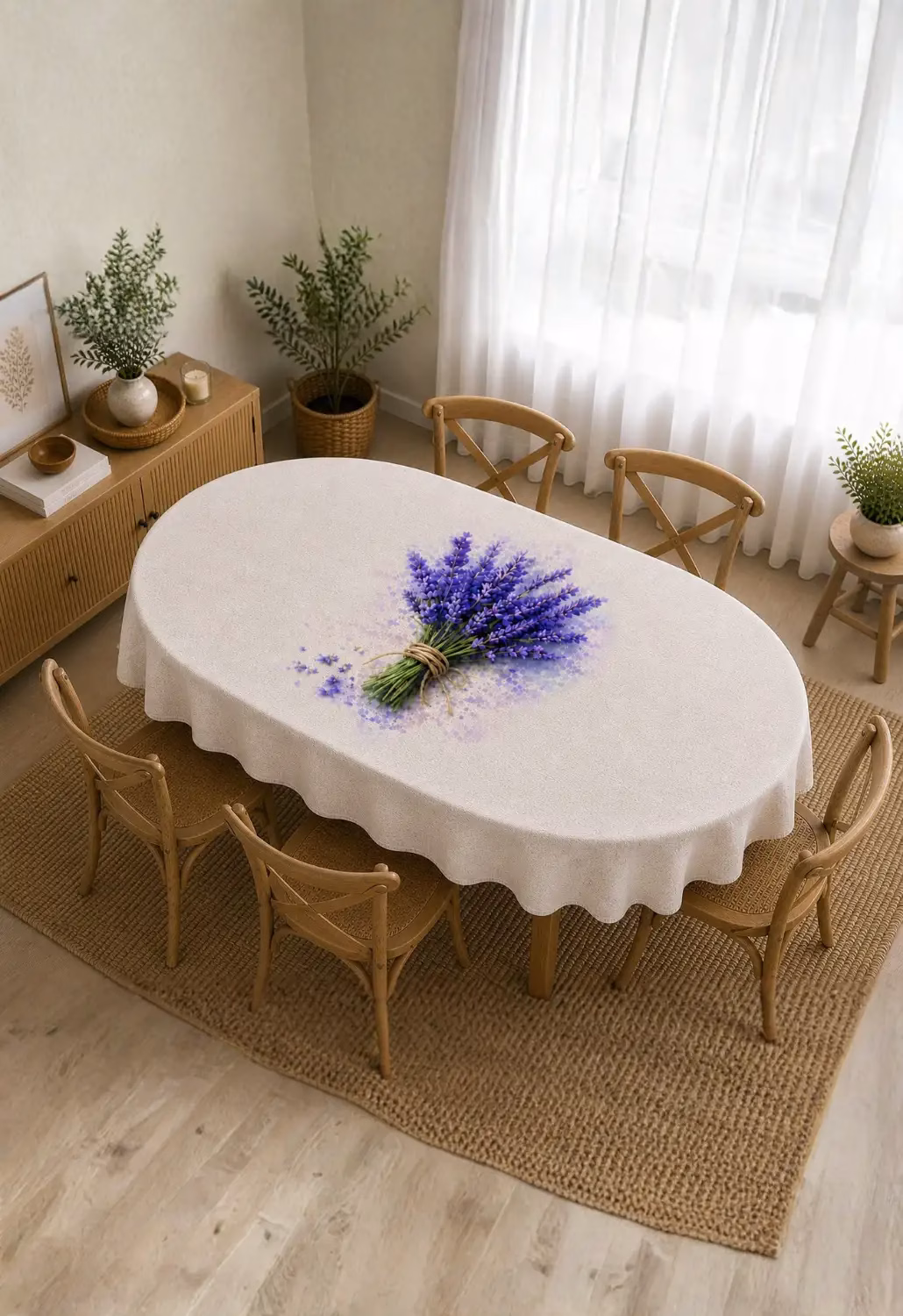 Lavanta Desenli Oval Masa Örtüsü | Özel Tasarım Masa Örtüsü