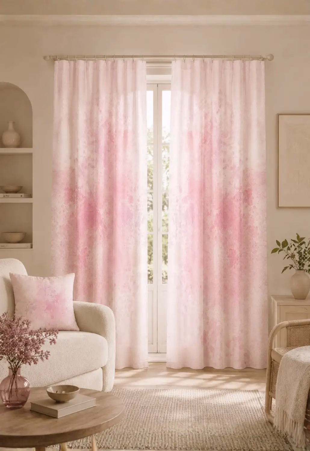 Toz Pembe Sulu Boya Desenli Çift Kanat Perde | Keten Dokulu Modern Fon Perde