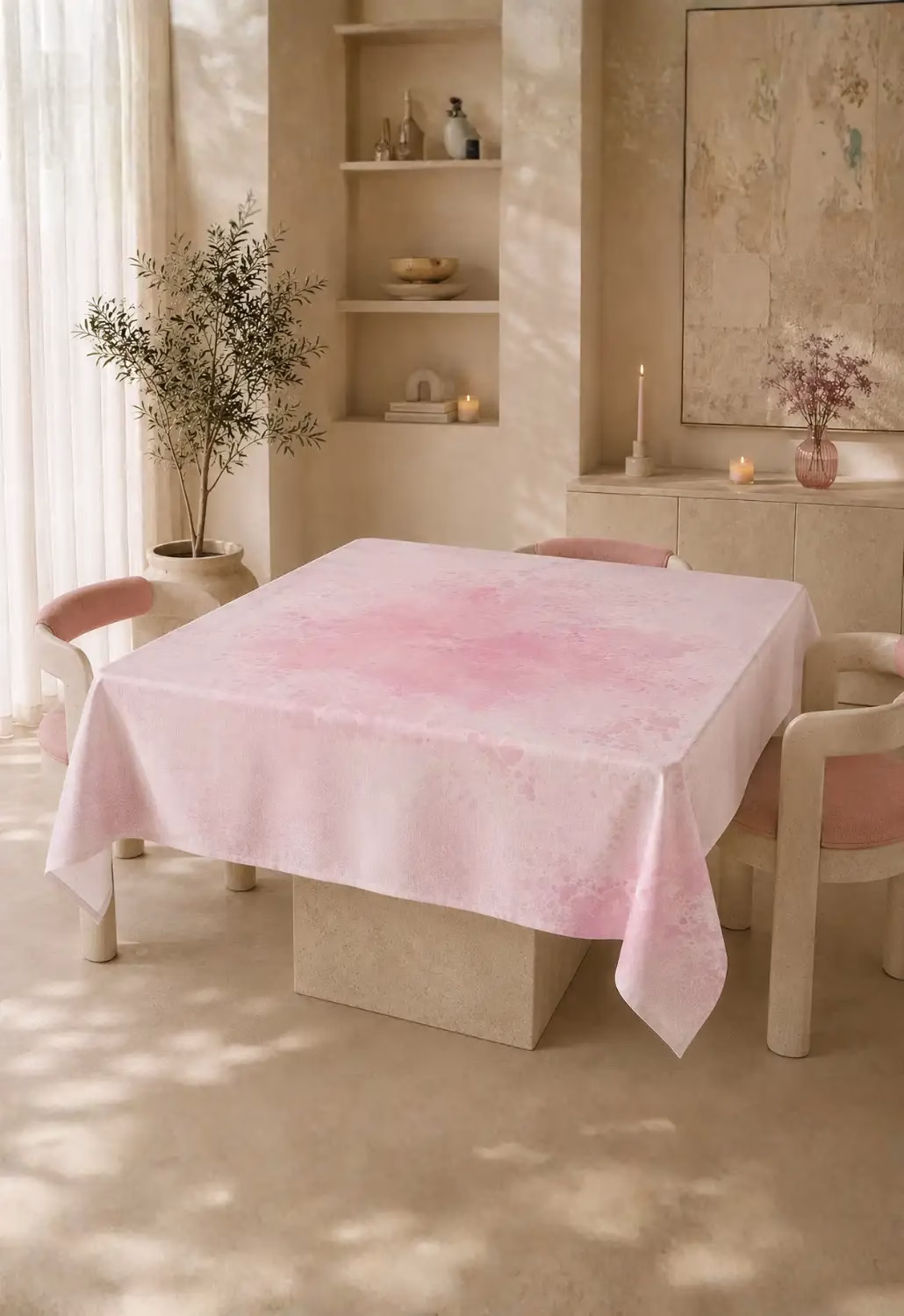 Toz Pembe Sulu Boya Desenli Kare Masa Örtüsü | Keten Dokulu Modern Sofra Örtüsü