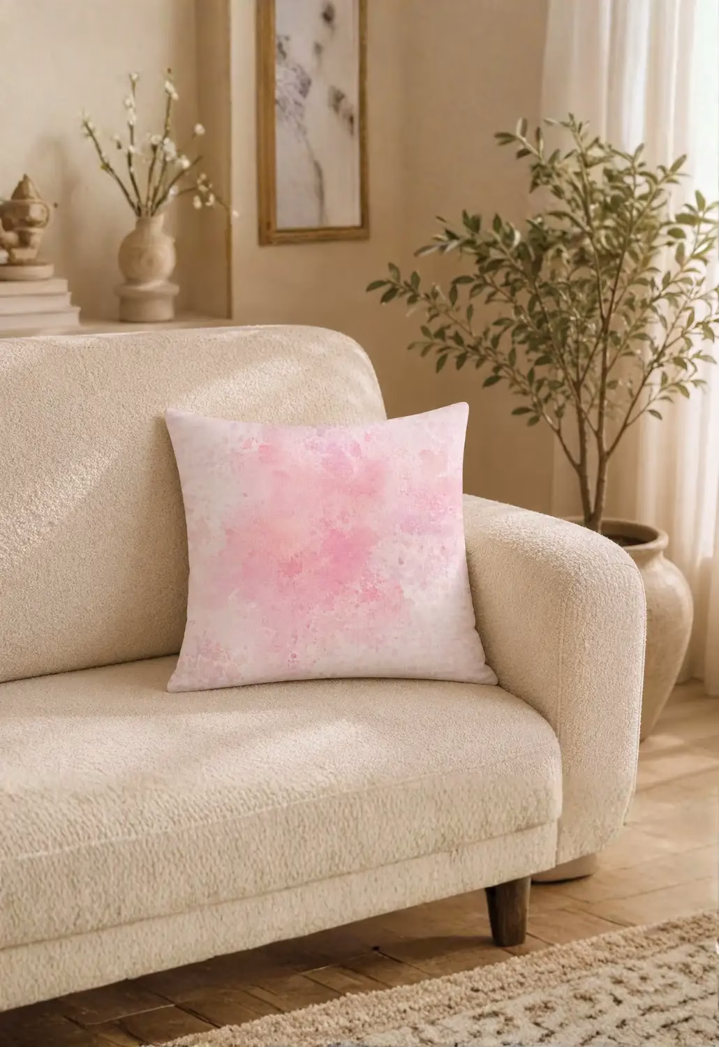 Toz Pembe Sulu Boya Desenli Kırlent Kılıfı 43x43 cm | Keten Dokulu Dekoratif Yastık
