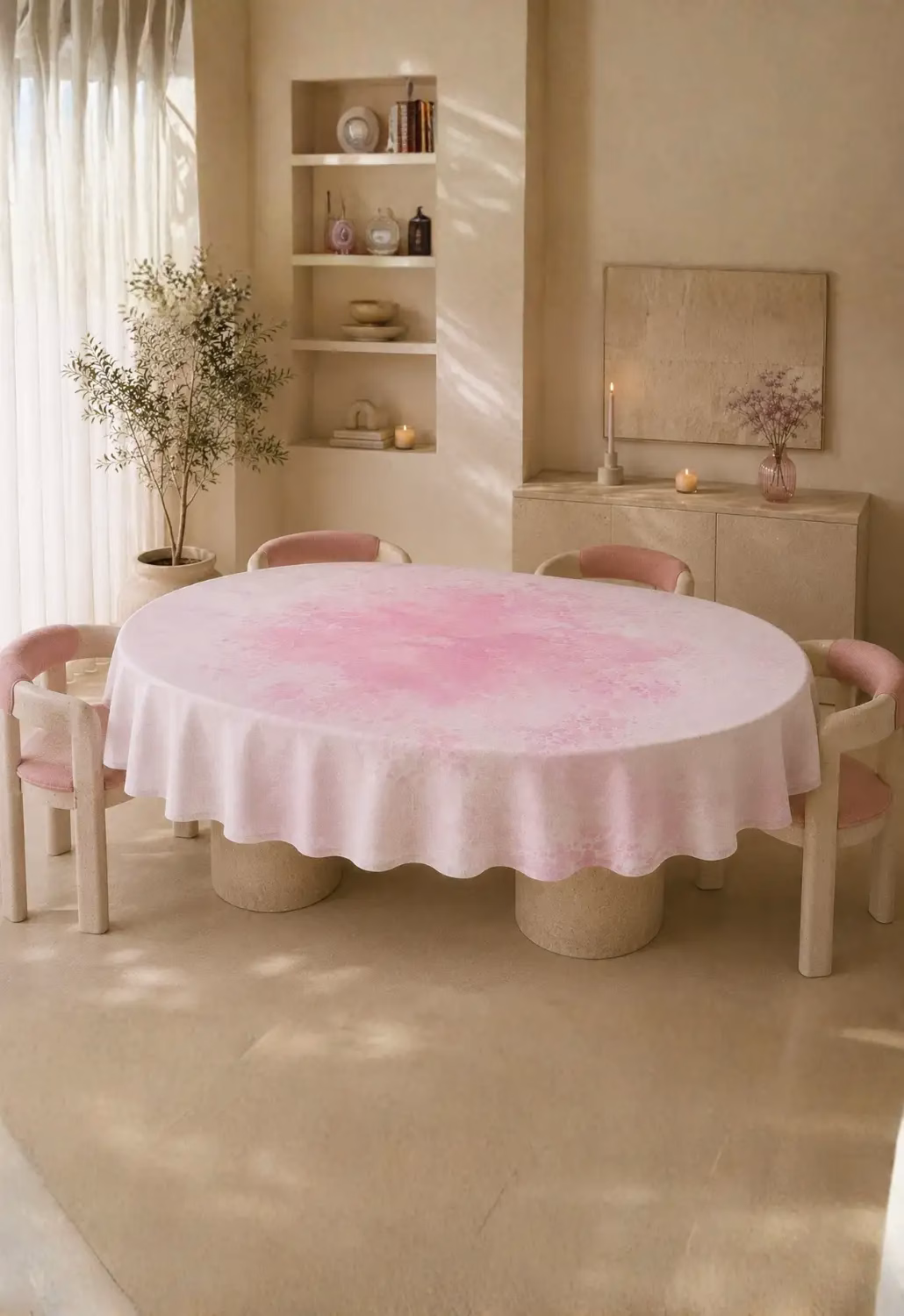 Toz Pembe Sulu Boya Desenli Oval Masa Örtüsü | Keten Dokulu Modern Sofra Örtüsü