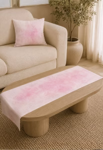Toz Pembe Sulu Boya Desenli Runner | Keten Dokulu Modern Masa Runner