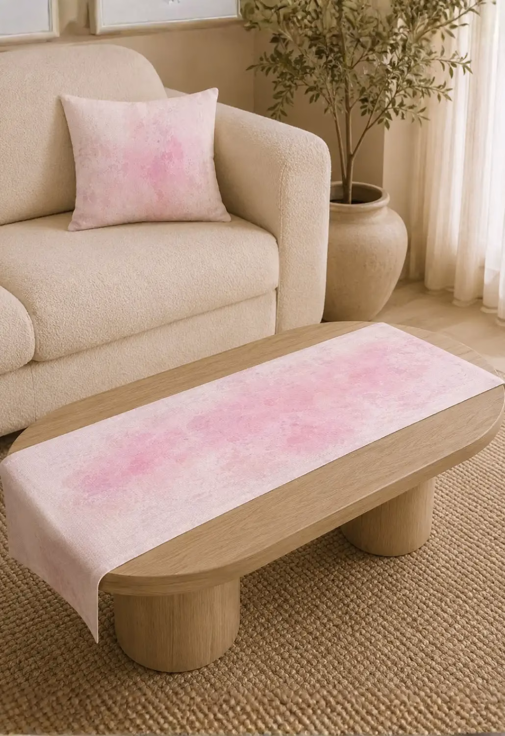 Toz Pembe Sulu Boya Desenli Runner | Keten Dokulu Modern Masa Runner