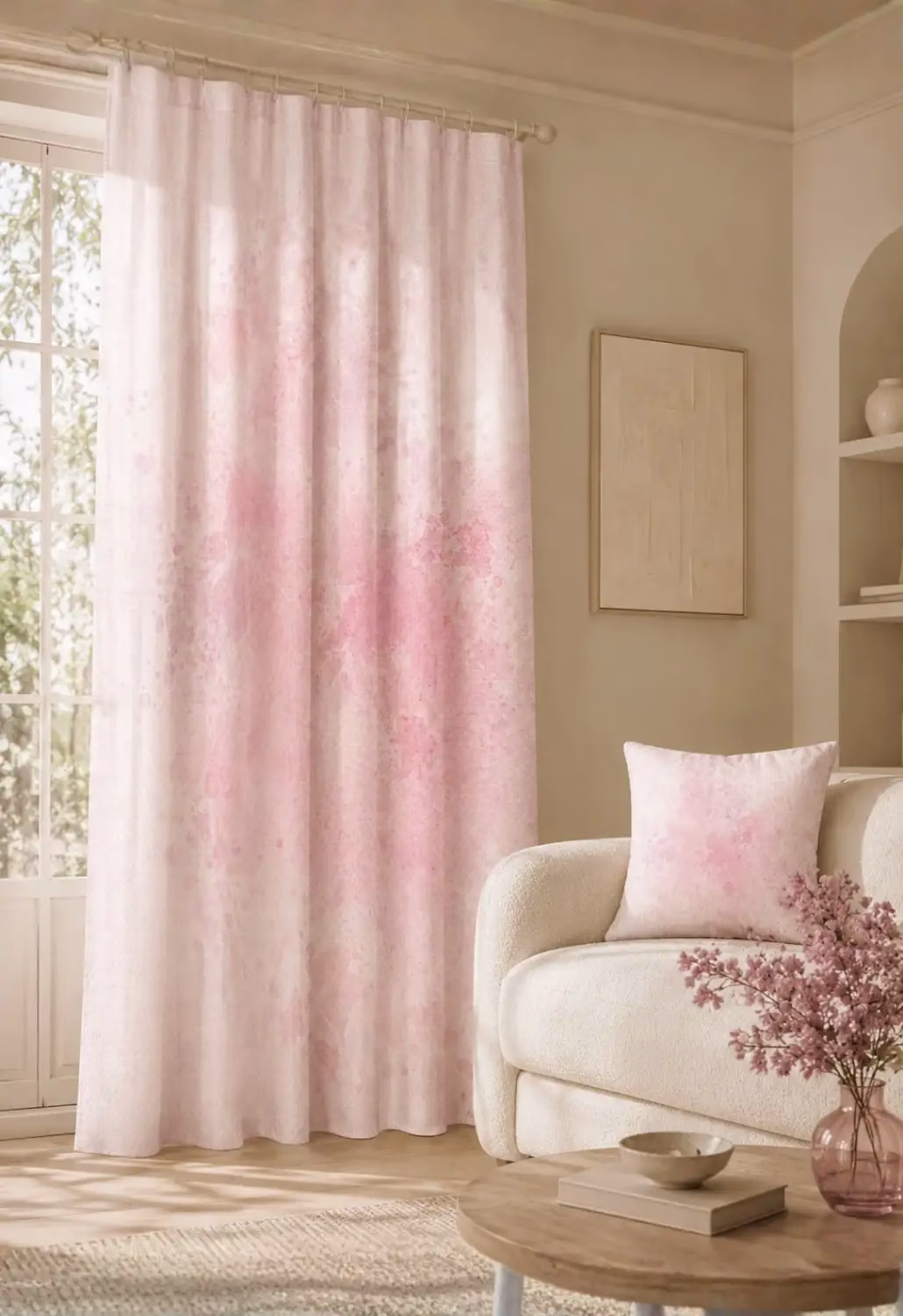 Toz Pembe Sulu Boya Desenli Tek Kanat Perde | Keten Dokulu Modern Fon Perde