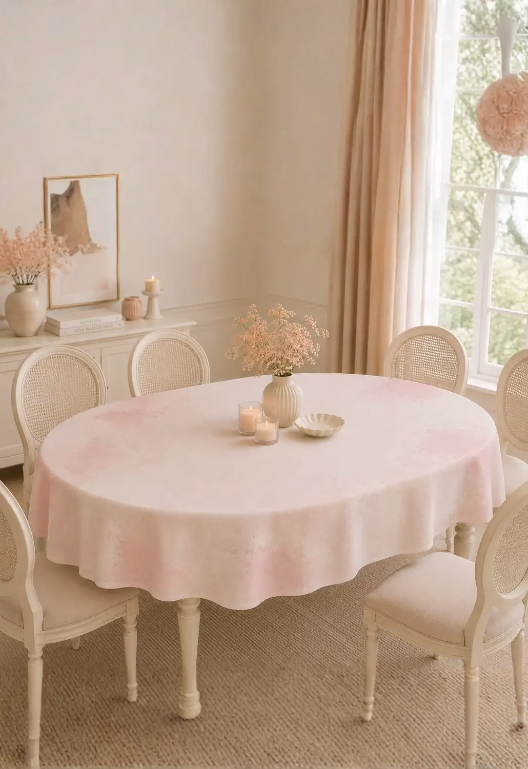 Pudra Pembe ve Somon Tonlu Keten Efektli Modern Oval Masa Örtüsü