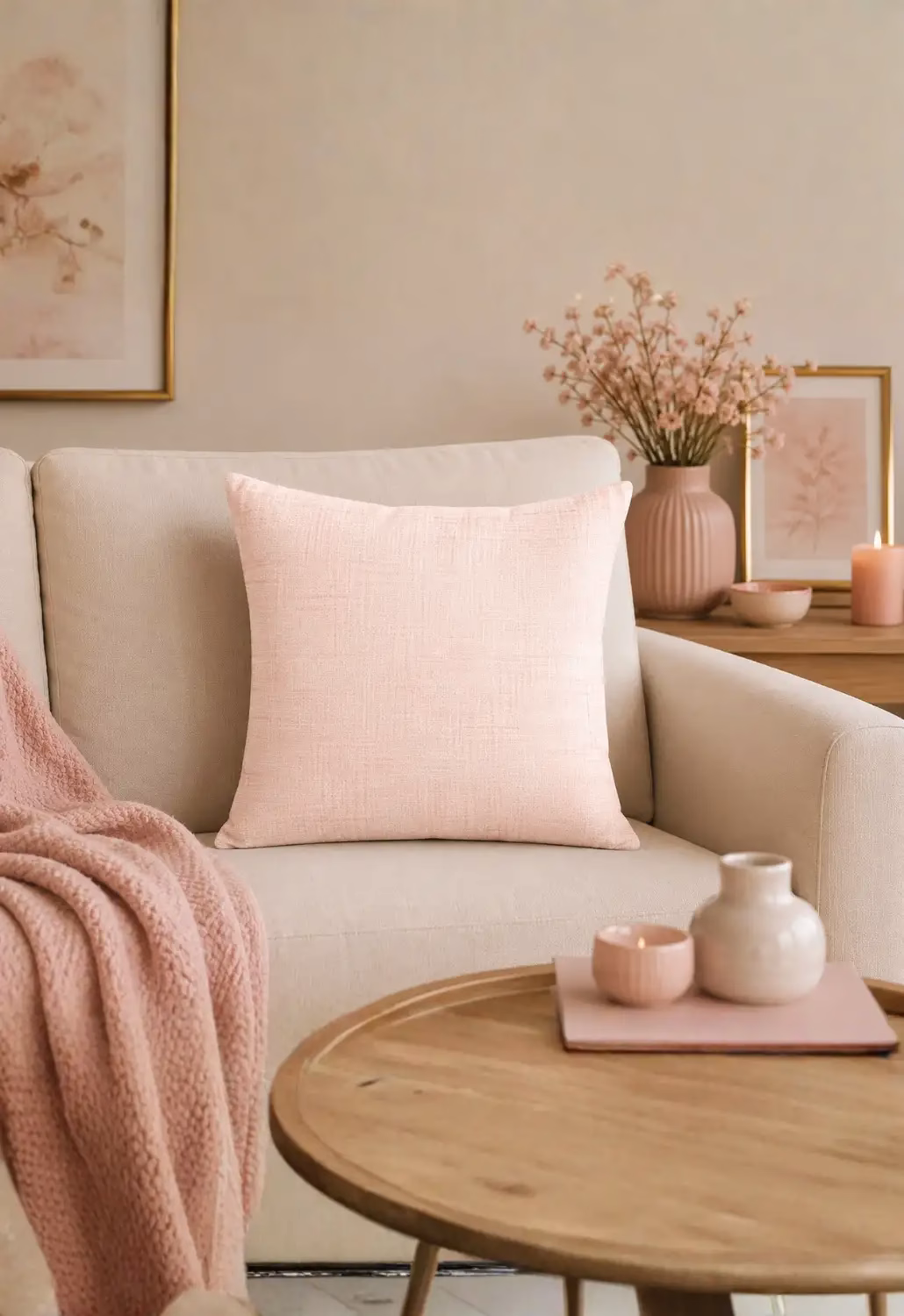 Pudra Pembe Keten Dokulu Modern Dekoratif Kırlent Kılıfı