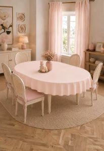 Pudra Pembe ve Somon Tonlu Keten Efektli Oval Masa Örtüsü