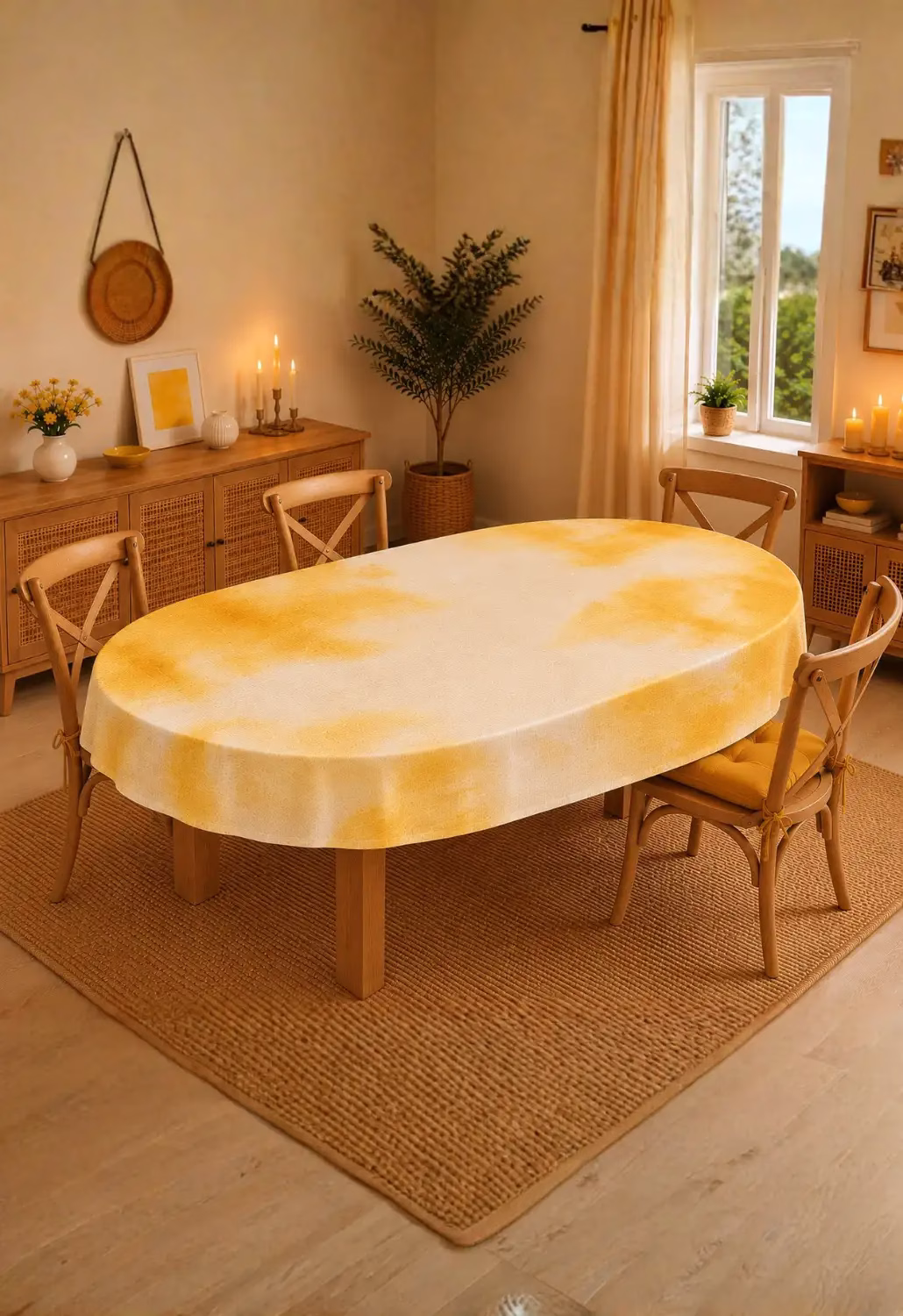 Sarı Beyaz Keten Efektli Modern Oval Masa Örtüsü