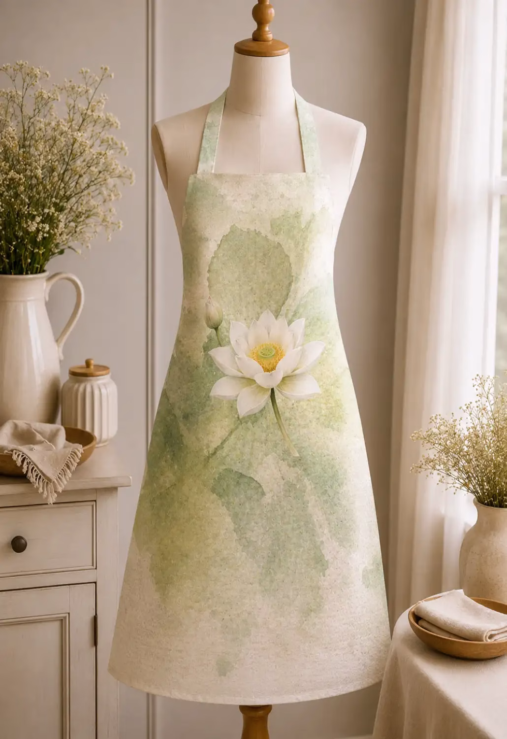 Beyaz Lotus Çiçeği Desenli Mutfak Önlüğü – Yeşil Suluboya Efektli Dekoratif Önlük 55x75 cm