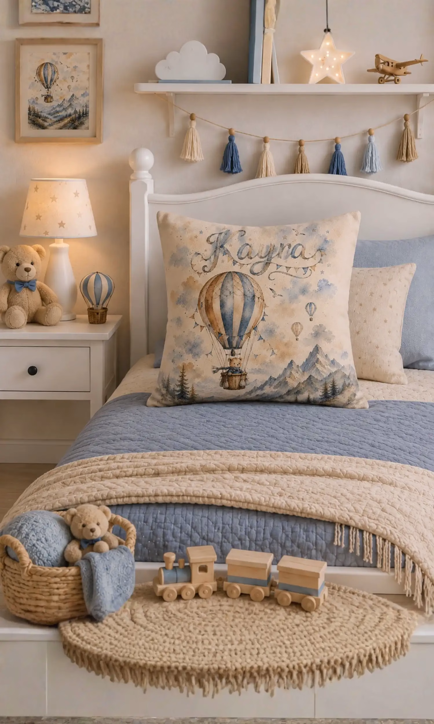 Kişiselleştirilebilir Kayra Uçan Balon Temalı Çocuk Odası Kırlent Kılıfı 43x43 cm-isimli veya isimsiz seçenekli