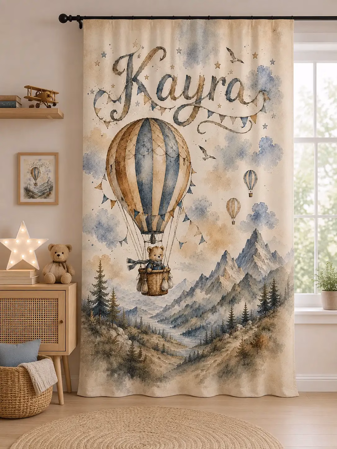 Kişiselleştirilebilir Kayra Uçan Balon Temalı Tek Kanat Çocuk Odası Fon Perde- isimli veya isimsiz seçenekli