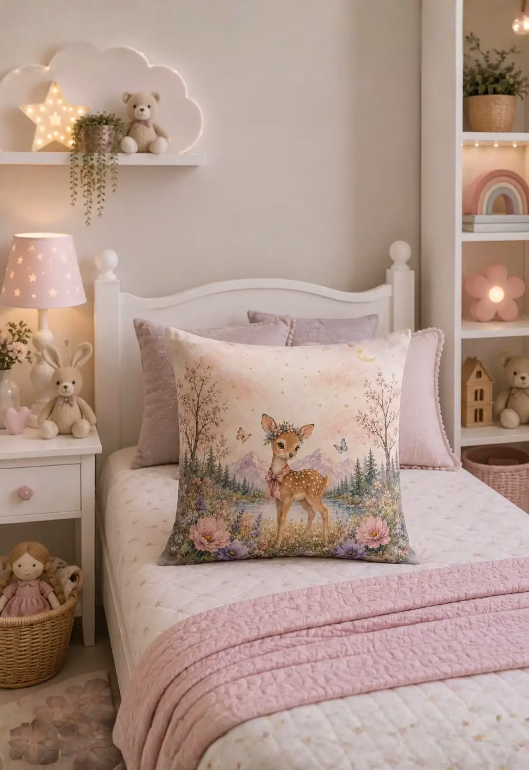 Kişiselleştirilebilir Almina Masalsı Dünya Çocuk Odası Kırlent Kılıfı 43x43 cm - İsimli veya İsimsiz Seçenekli