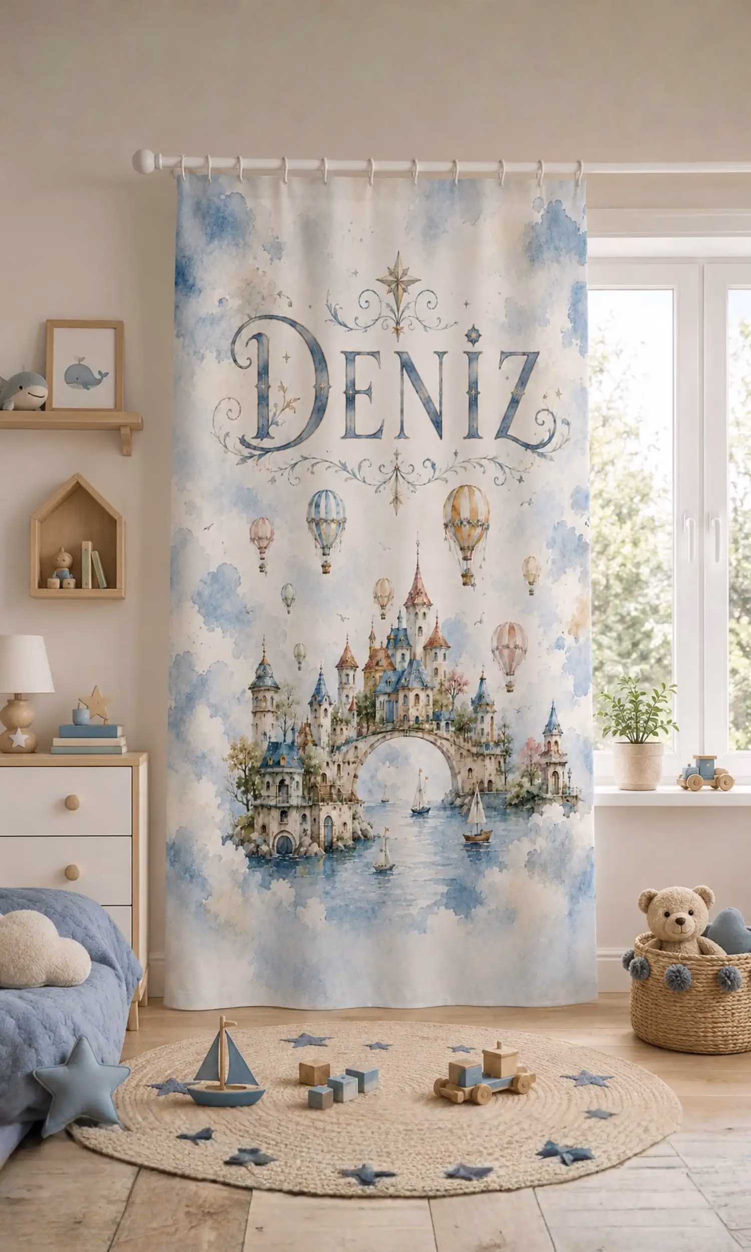 Kişiselleştirilebilir Deniz Gökyüzü ve Şato Temalı Tek Kanat Çocuk Odası Fon Perde– İsimli veya İsimsiz Seçenekli