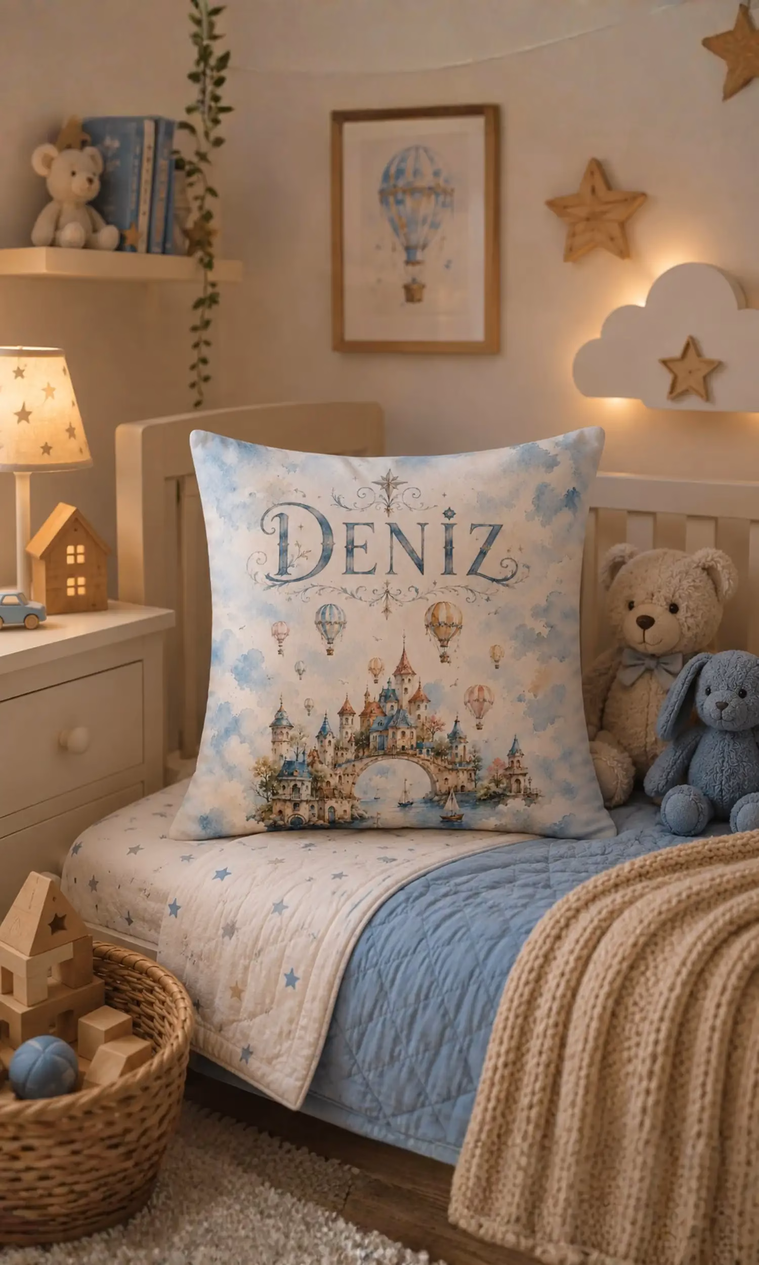 Kişiselleştirilebilir Deniz Gökyüzü ve Şato Temalı Çocuk Odası Kırlent Kılıfı 43x43 cm- İsimli veya İsimsiz seçenekli
