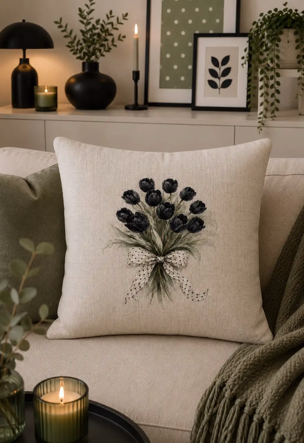 Siyah Lale Buketi Keten Desenli Dekoratif Kırlent