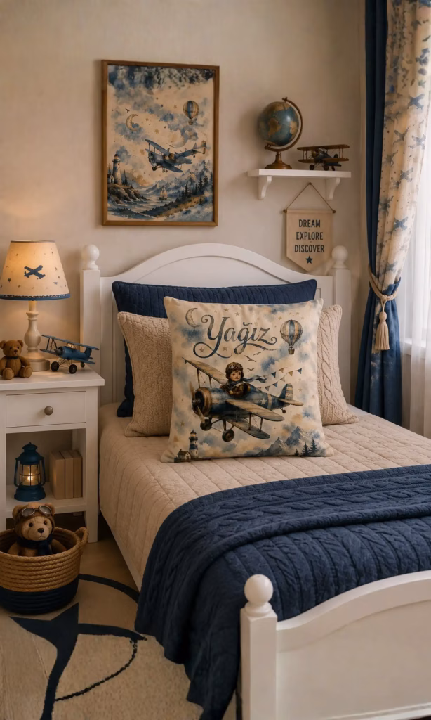 Kişiselleştirilebilir Yağız Uçak Temalı Çocuk Odası Kırlent Kılıfı 43x43 cm-isimli veya isimsiz seçenekli