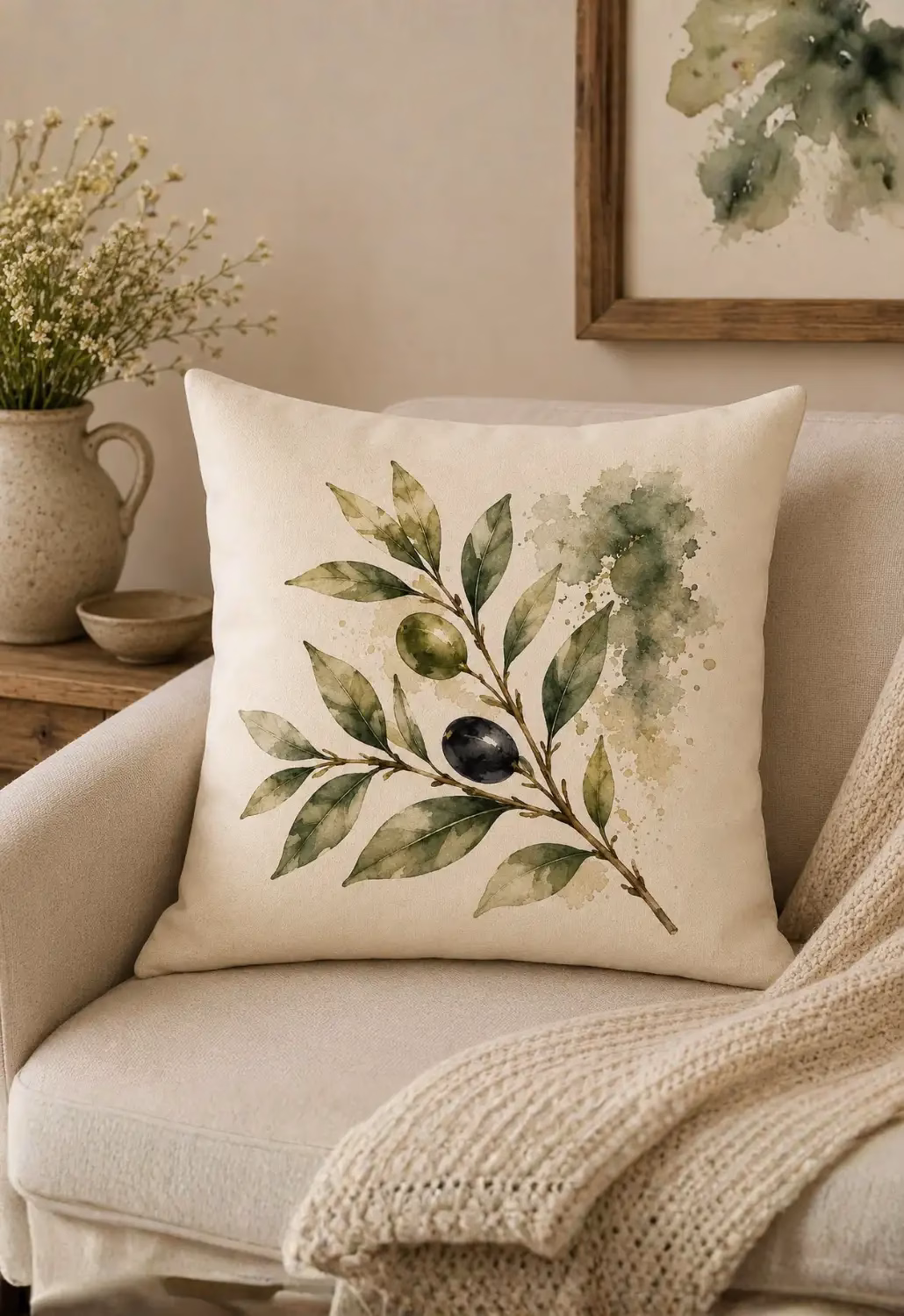 Zeytin Dalı Sulu Boya Desenli Dekoratif Kırlent Kılıfı